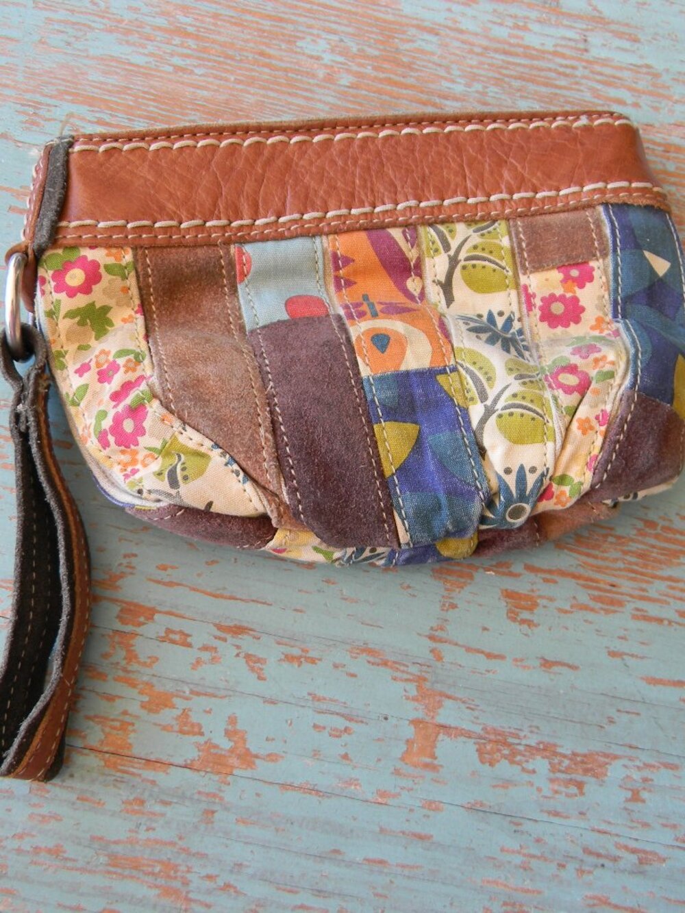 Fossil Patchwork Y2K FABRIC/Leather SMALL BOHO Zipper Pouch Wallet Wristlet